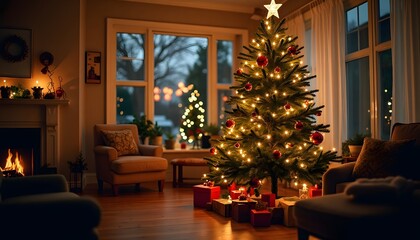 Cozy Christmas Eve Illuminated Christmas Tree in Warm Living Room