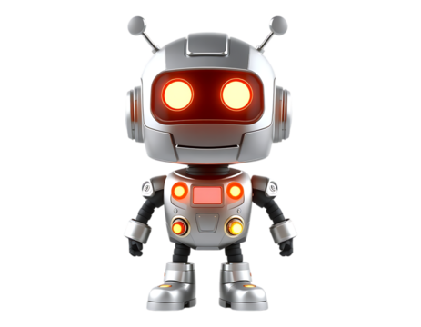 A friendly and futuristic 3D cartoon robot character.