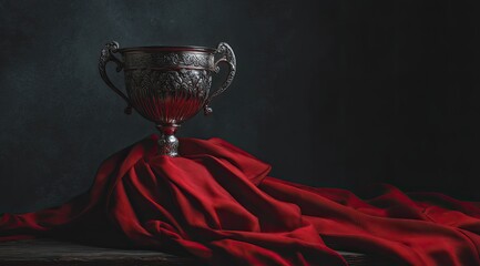 Ornate silver trophy rests on rich red fabric against a dark background; dramatic low-key lighting