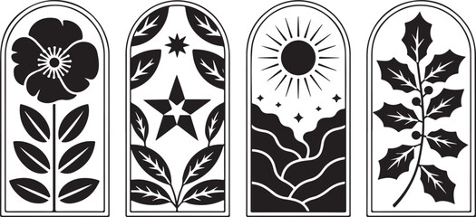 Botanical and Celestial Decorative Arched Panel Set Featuring Poppy, Star, Sun, and Holly Leaf Designs