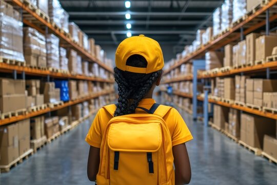 Warehouse worker inspecting organized storage aisles in industrial facility