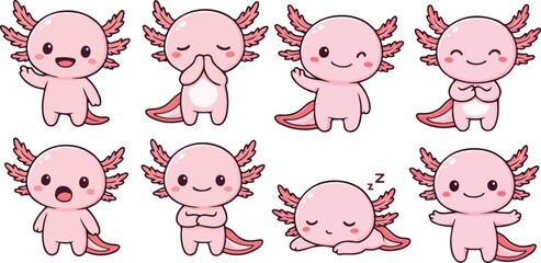 vector illustration of pink coloured axolotl salamander funny cartoon mascot cute character cartoon with 8 poses © weng