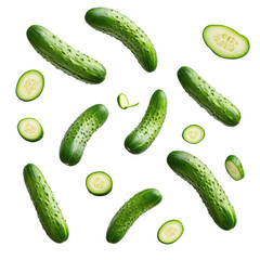 Fresh falling cucumbers isolated on white background creating an appealing food composition, Falling cucumbers isolated on white background