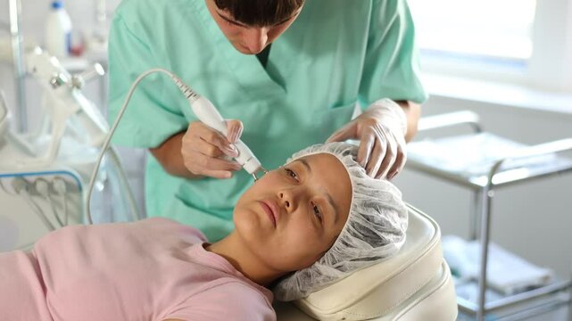 Young male cosmetologist performs hardware facial microcurrent procedure to young female patient