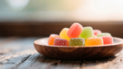 Colorful Jelly Candies on Wooden Plate