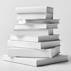 A neatly stacked pile of blank, white hardback books against a light grey background