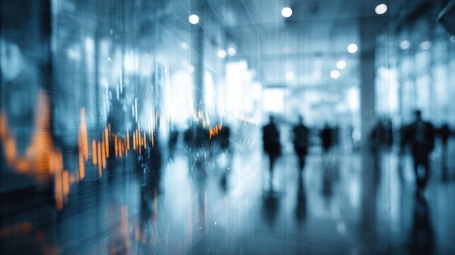 Blurred figures walk in a modern building with blue tones and abstract patterns.