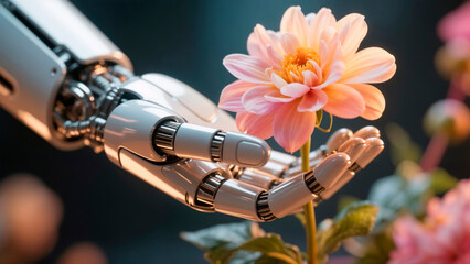 Robotic Hand Holding a Pink Flower