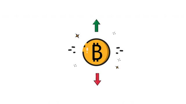 Animated price trend whit Bitcoin financial concept with two arrows  one up and one down. Suitable for cryptocurrency trends, financial market analysis, investments.