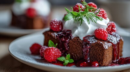 Chocolate cake with whipped cream raspberries and mint on a plate.