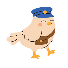 Cartoon carrier pigeon in a hat. Flat vector illustration.