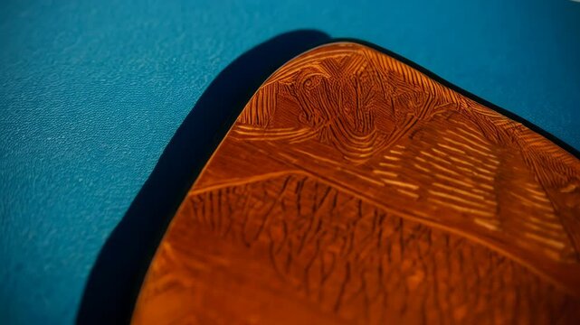Abstract brown wooden topographic map with layer lines on a blue wall with bright light reflecting off the smooth surface.
