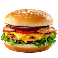 Juicy chicken and cheese hamburger with fresh vegetables on sesame seed bun isolated on white background, Hamburger with chicken and cheese isolated on white background