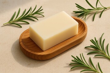 Handmade soap bar with wooden tray and rosemary on beige surface ideal for natural skincare promotion and eco product branding