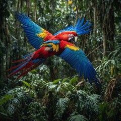 "A majestic macaw in flight over the Amazon rainforest, wings fully spread, vivid blue, red, and yellow feathers, ultra-realistic motion and lighting"