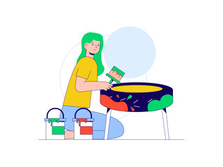 Woman painting on tire. Craft illustration. Character design. Flat vector illustration.