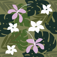Beautiful tropical seamless pattern with flowers and leaves. Flowers of the jungle. Summer background with tropical leaves and flowers for fabric, wallpaper and cover. vector