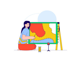 Obraz premium Woman knitting unused cloth. Craft illustration. Character design. Flat vector illustration.