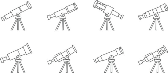 telescope astronomy icon set , Natural science line icons, A sleek design featuring a telescope on a tripod, ideal for astronomy and educational materials. silhouette vector art flat design template