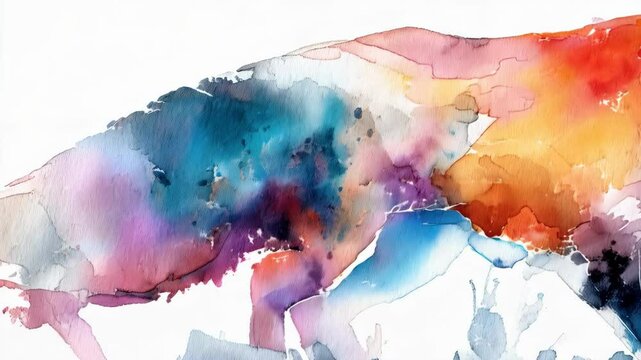 Abstract watercolor artwork featuring a quadruped form with blending pinks, blues, orange and yellow on a plain white background.