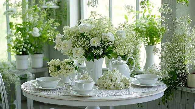 White floral arrangement adorns a quaint table setting with teacups, teapot, and lace doily