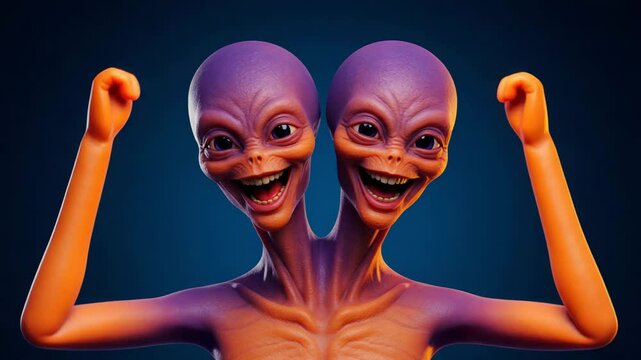 A bizarre  reveals conjoined alien entity with two heads, both wearing huge, sinister grins on their otherworldly orange faces