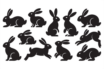 Playful Black Rabbit Silhouettes in Multiple Poses, Perfect for Fun Illustrations and Animations