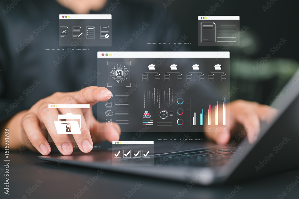 Leinwandbilder Artificial intelligence (AI) is used by a person in document management systems, online documentation databases, and digital file storage systems or software, record keeping, database technology