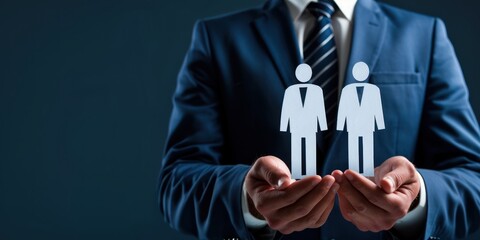 A businessman in a suit holding two silhouettes of people in his hands, with a dark blue background.