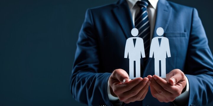 A businessman in a suit holding two silhouettes of people in his hands, with a dark blue background.