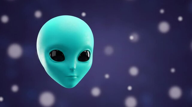 A smooth, turquoise alien head floats against purple background dotted with subtle, blurred light orbs, copy space.