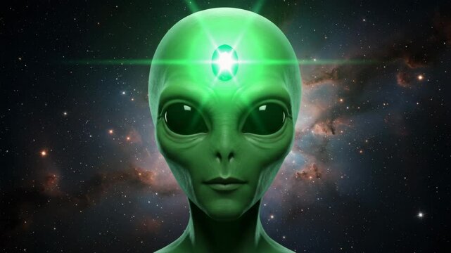 Facing forward, a green alien with bright gem on its forehead is shown against background of stars and galactic cloud formations, copy space.