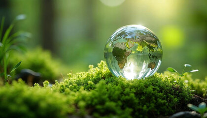 Crystal globe glass on green moss in forest to protect nature Save and care World for sustainable. concept of the environment ecology and Earth Day. eco environment and ESG concept.