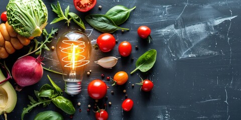 A vibrant, colorful arrangement of fresh vegetables, including tomatoes, cucumbers, and bell peppers, placed on a dark,