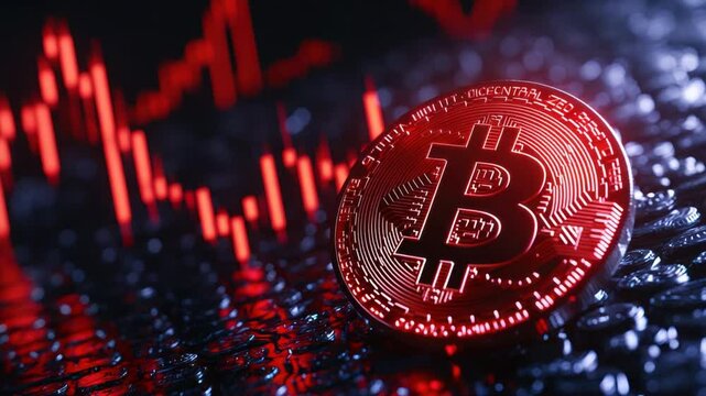 Red Bitcoin Coin on a Dark Background with Falling Market - Powered by Adobe