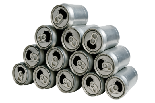 Waste Management theme, Stacked aluminum cans arranged in a pyramid formation. transparent background.