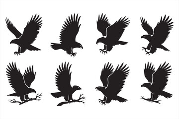 Set of 8 Bold Eagle Vector Illustrations Featuring Majestic Flight and Perch Poses for Creative Projects