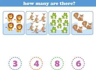 Counting game of wild animals for preschool kids. Printable. Vector Illustration