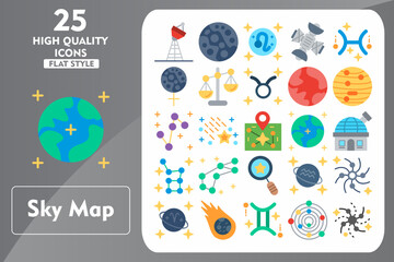 Sky Map Flat Icon Set. Incleded Icons Satellite Tower, Meteor Shower, Aquarius, Nebula, Aries, Meteorite, Gemini, Solar System. Vector Icons Collection