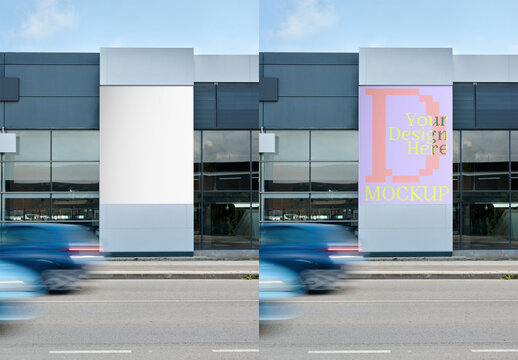 A sleek building facade showcases a blank billboard wall. PSD mockup
