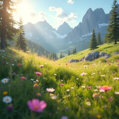 Fantasy Alpine Meadow with Floating Pollen and Sunbeams – Dreamlike Nature Scene