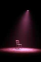 A single wooden chair sits alone in a dark room, illuminated by a single overhead pink spotlight casting a hazy glow