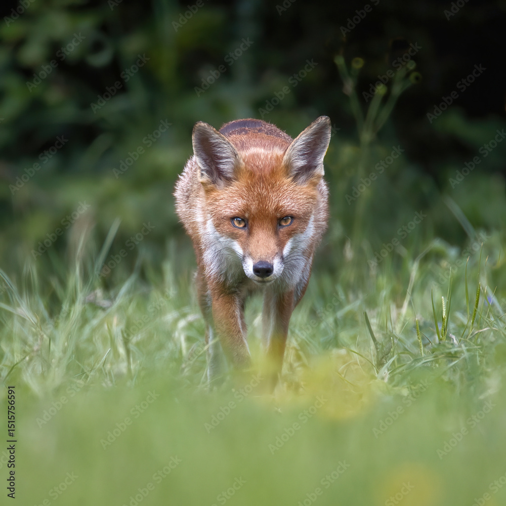 Aufkleber Taken from a low angle is a close up of a red fox. It is walking and staring directly at the camera. There is space for text copy around