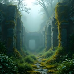 Mossy Ancient Ruins in Misty Valley – Atmospheric Nature and History Scene.