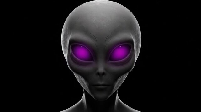 An extraterrestrial being with a greyish complexion stares intensely ahead, its large, illuminated purple eyes dominating the stark black background, copy space.