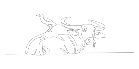 vector line art illustration design of buffalo and egret