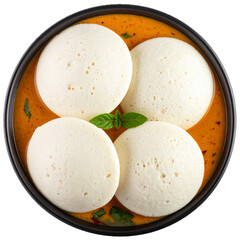 top view of indian food idli sambar in a bowl isolated on transparent white background, clipping path