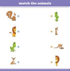 Naklejka premium Match halves of cute cartoon wildlife animals. Logical game for kids