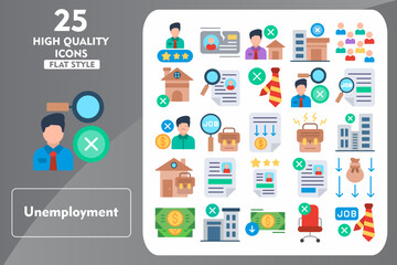 Unemployment Flat Icon Set. Incleded Icons Rate, Id Card, No Home, Office, Population, House, Curriculum Vitae. Vector Icons Collection