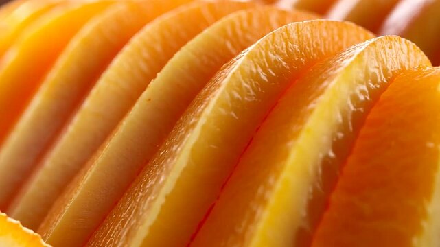 Close-up of vibrant orange slices, arranged in overlapping rows, showcasing their juicy texture and rich color